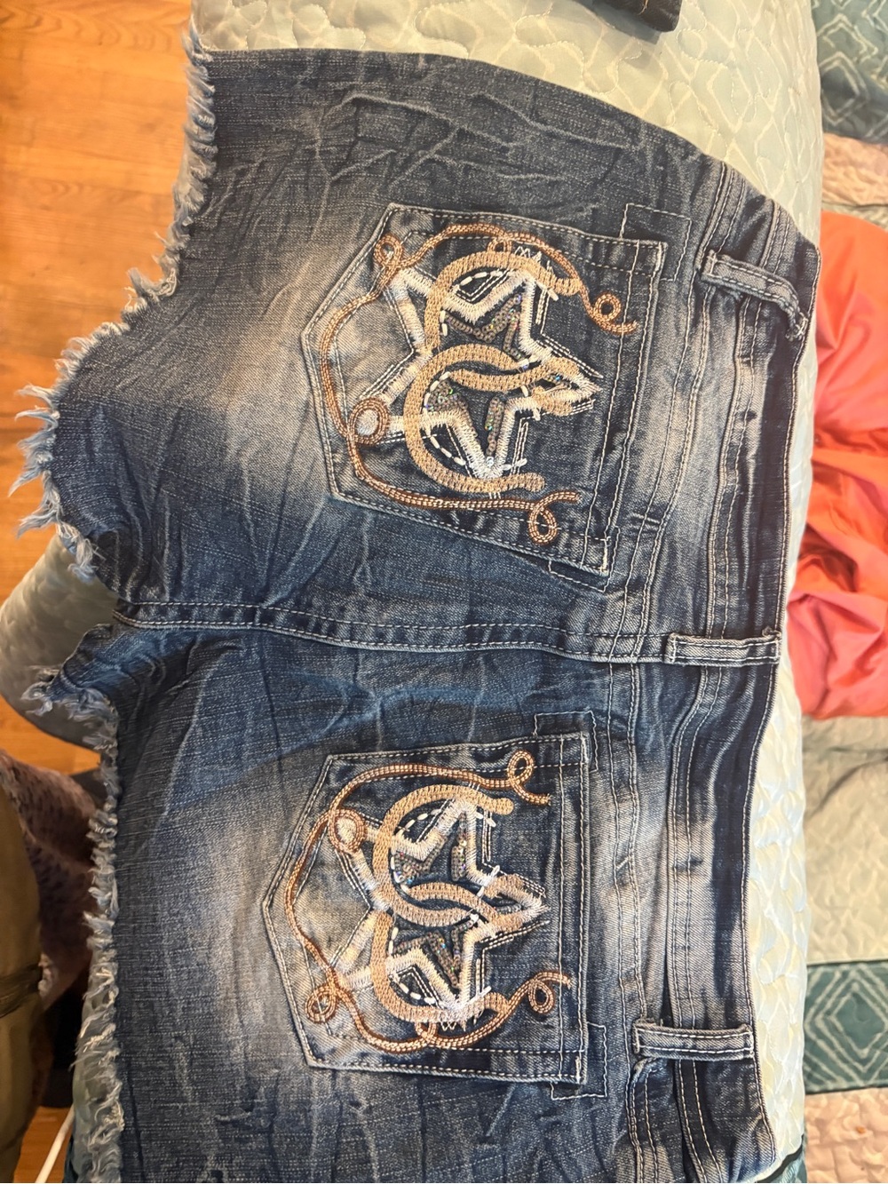 Women’s Blue Denim Jean Shorts with Embroidered Pocket - Picture 5 of 5
